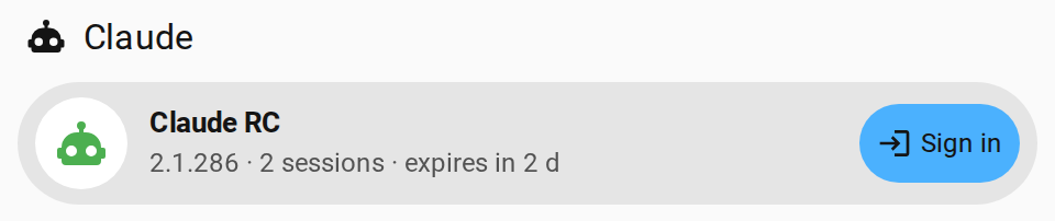 The Claude RC card: version 2.1.286, 2 sessions, sign-in expires in 2 days.