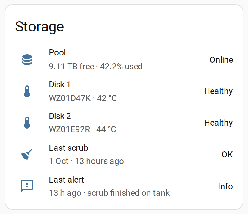 The Storage card: pool online, both disks healthy.