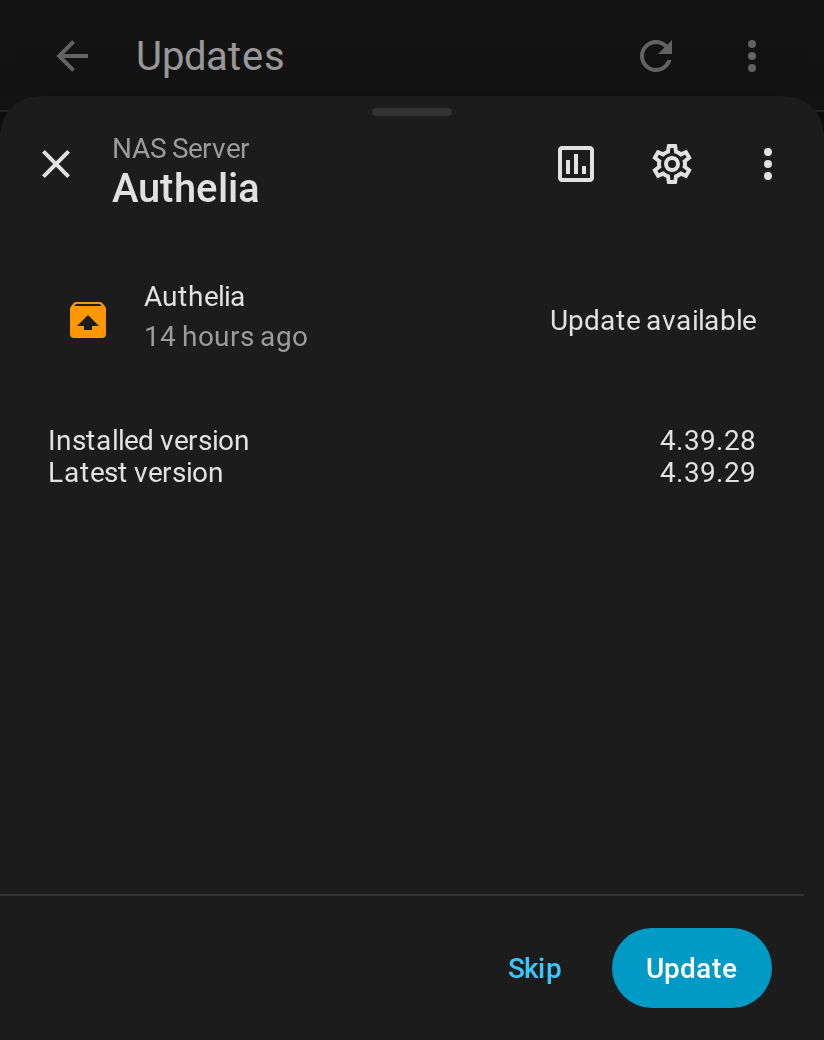 The update dialog for Authelia, with Skip and Update buttons.