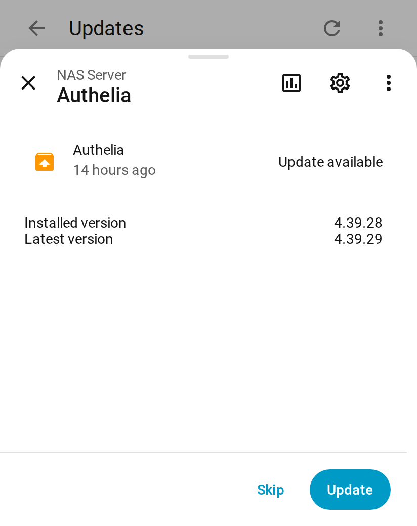 The update dialog for Authelia, with Skip and Update buttons.